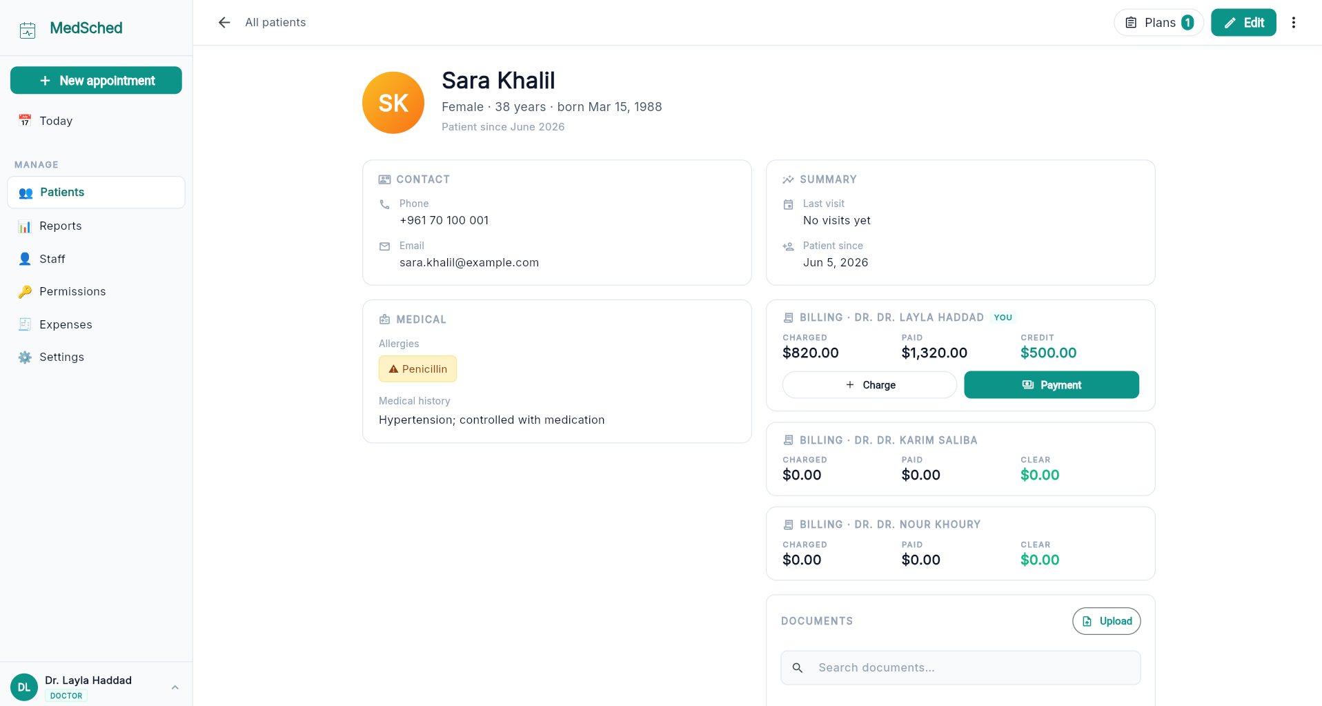 Patient detail page with contact, medical history, allergies, and per-doctor billing card